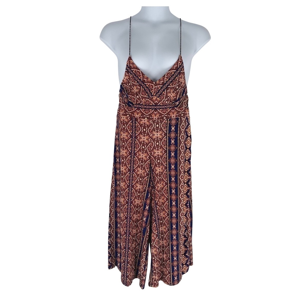 Womens Boho Geometric Print Wide Leg Jumpsuit Rust Navy V-Neck Spaghetti Strap